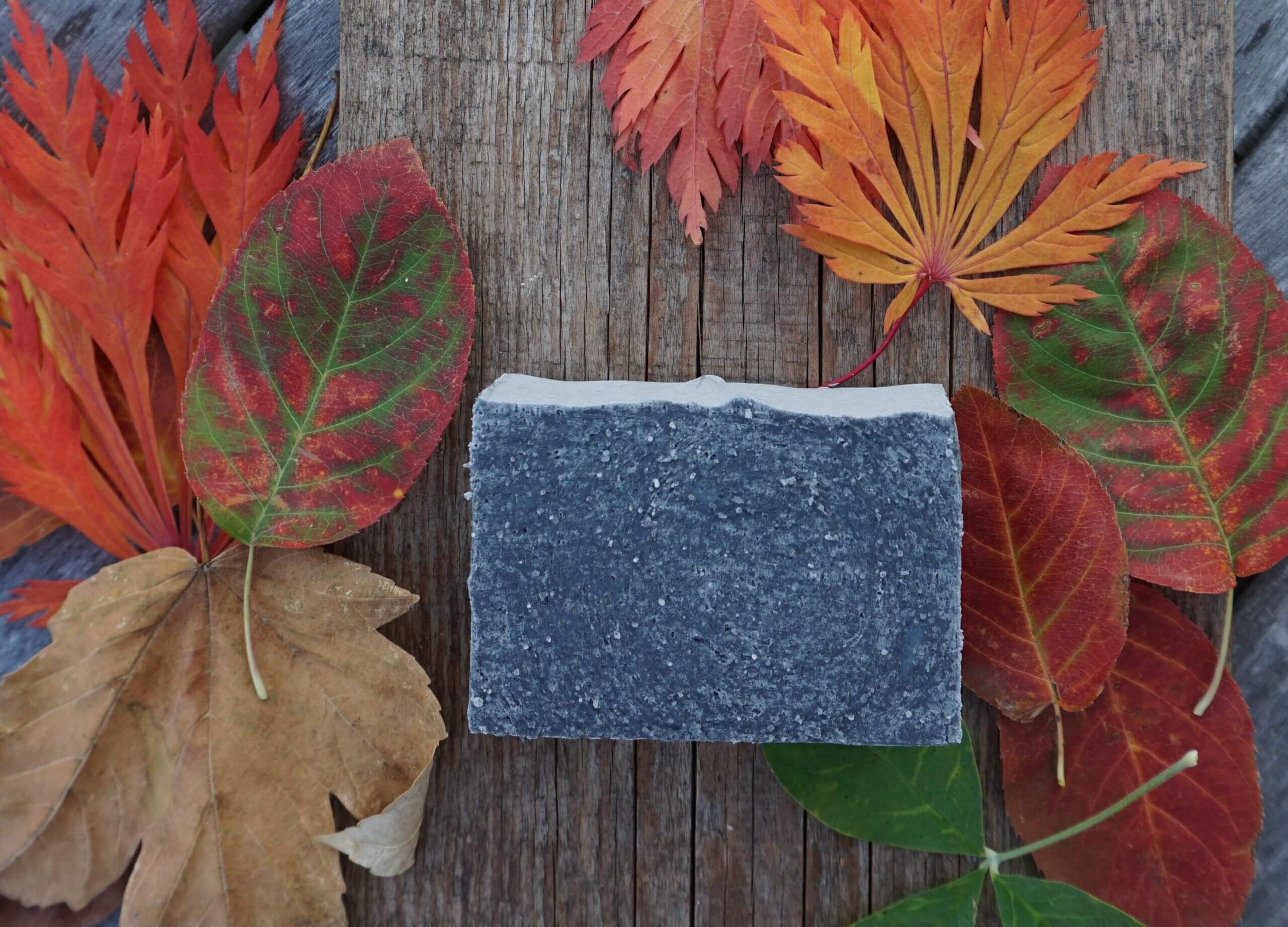 Schwarze Salzseife handgemacht aus der Naturseifenmanufaktur Natural Pure Solids flat lay auf Holz mit herbstlich gefärbten Blätter in rot, orange, braun und grün